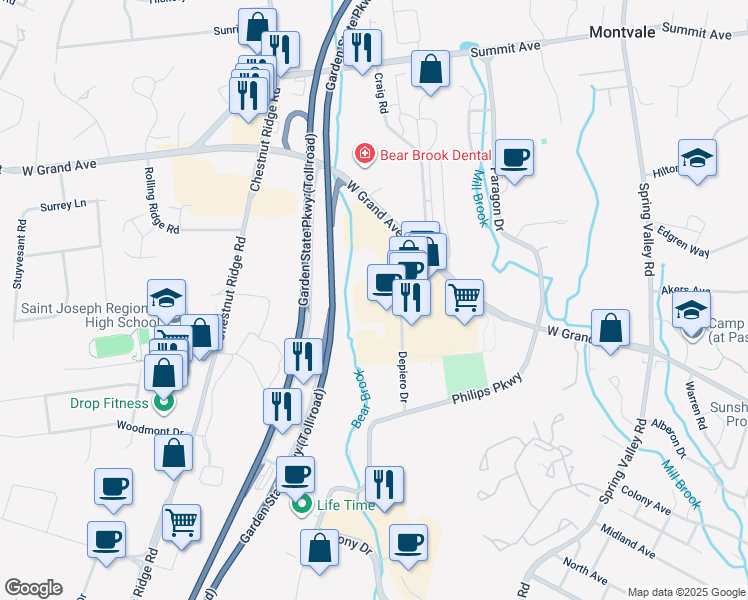 map of restaurants, bars, coffee shops, grocery stores, and more near 3 Mercedes Drive in Montvale