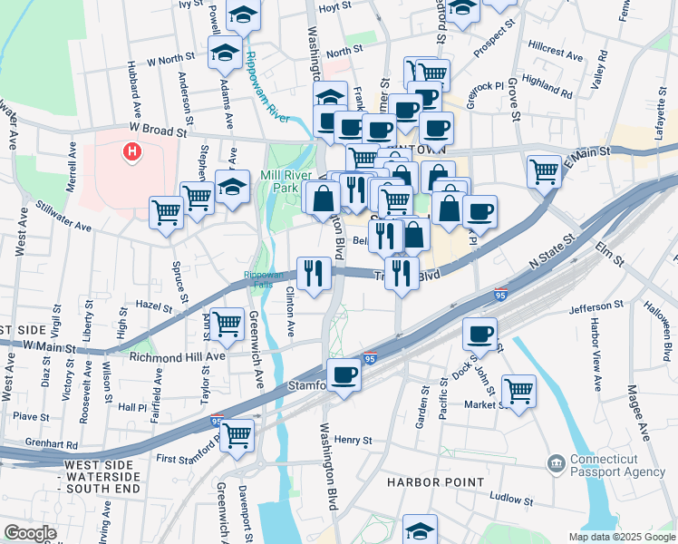 map of restaurants, bars, coffee shops, grocery stores, and more near 750 Washington Boulevard in Stamford