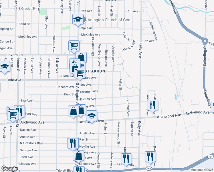 map of restaurants, bars, coffee shops, grocery stores, and more near 767 Roscoe Avenue in Akron
