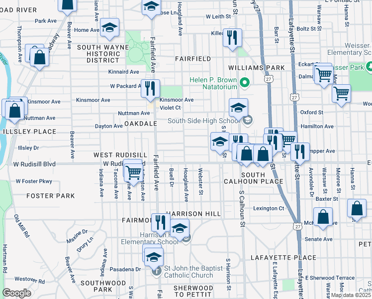 map of restaurants, bars, coffee shops, grocery stores, and more near 357 French Avenue in Fort Wayne