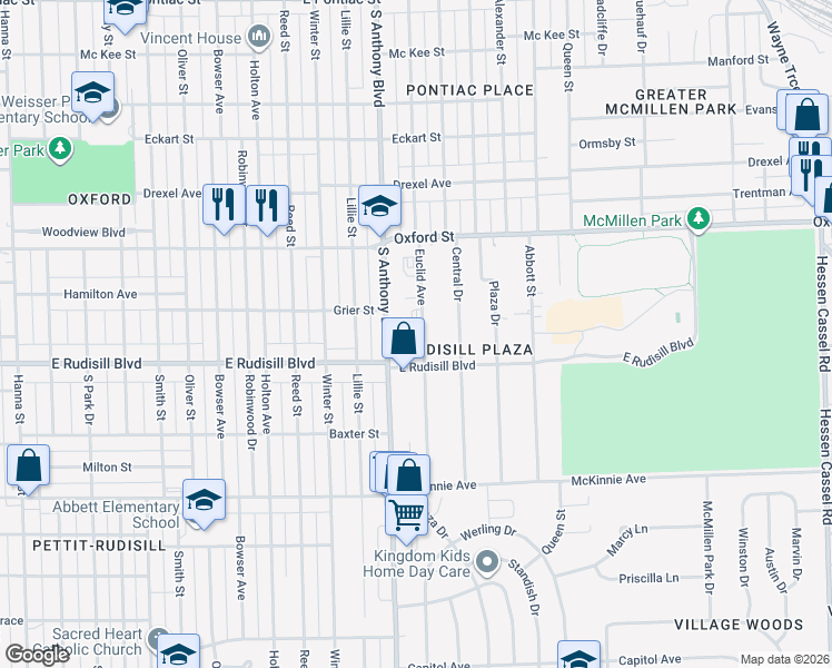 map of restaurants, bars, coffee shops, grocery stores, and more near 3804 Euclid Avenue in Fort Wayne