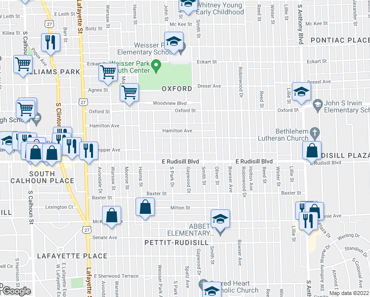 map of restaurants, bars, coffee shops, grocery stores, and more near 3724 Gaywood Drive in Fort Wayne