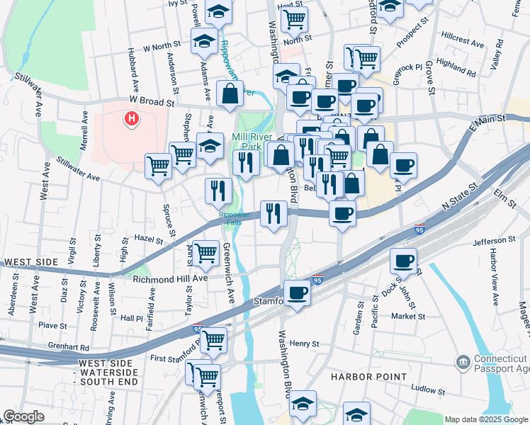 map of restaurants, bars, coffee shops, grocery stores, and more near 76 Tresser Boulevard in Stamford