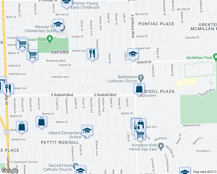 map of restaurants, bars, coffee shops, grocery stores, and more near 3722 Reed Street in Fort Wayne