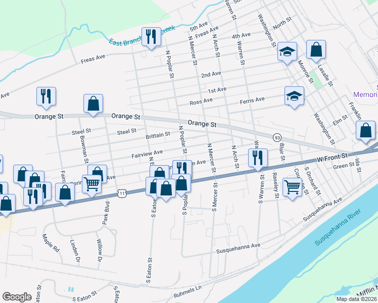 map of restaurants, bars, coffee shops, grocery stores, and more near 1501 Spring Garden Avenue in Berwick