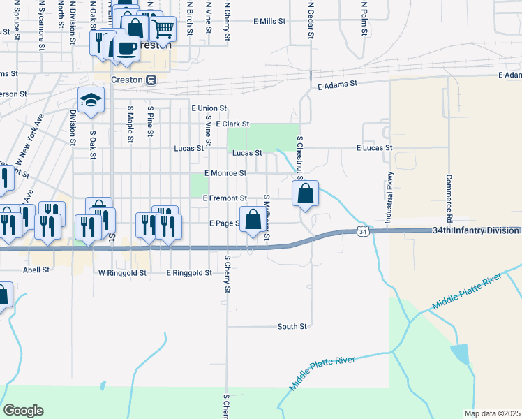 map of restaurants, bars, coffee shops, grocery stores, and more near 600-698 South Mulberry Street in Creston