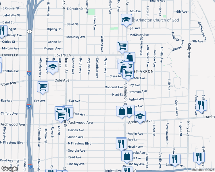 map of restaurants, bars, coffee shops, grocery stores, and more near 955 Concord Avenue in Akron