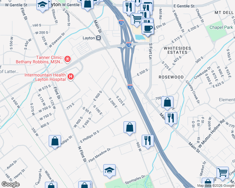 map of restaurants, bars, coffee shops, grocery stores, and more near 949 South 225 East in Layton