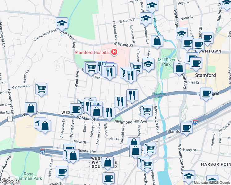 map of restaurants, bars, coffee shops, grocery stores, and more near 19 Fairgate Drive in Stamford