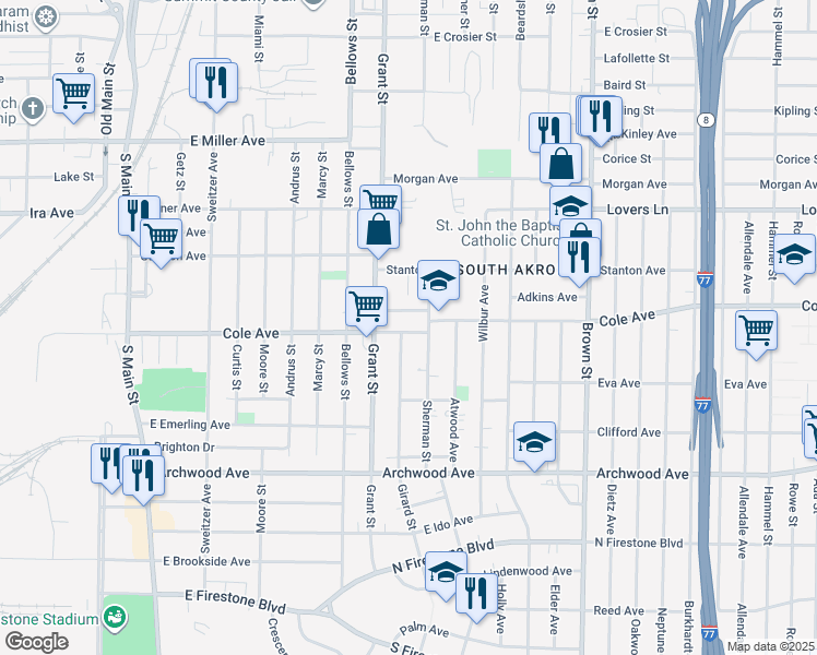 map of restaurants, bars, coffee shops, grocery stores, and more near 321 Cole Avenue in Akron