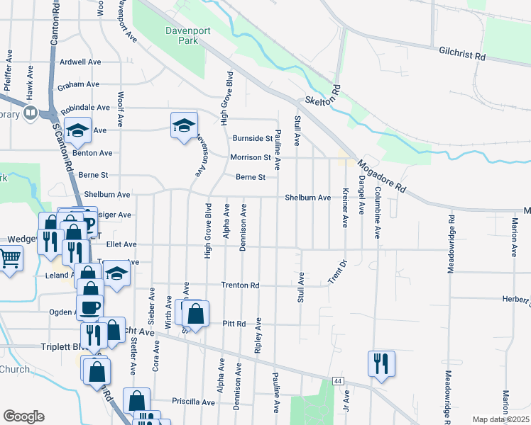 map of restaurants, bars, coffee shops, grocery stores, and more near 234 Ripley Avenue in Akron