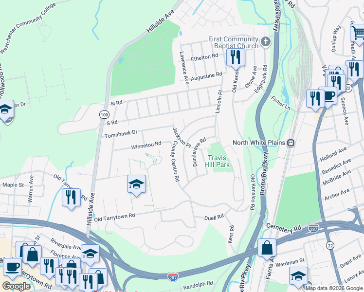 map of restaurants, bars, coffee shops, grocery stores, and more near 27 Manitou Trail in White Plains