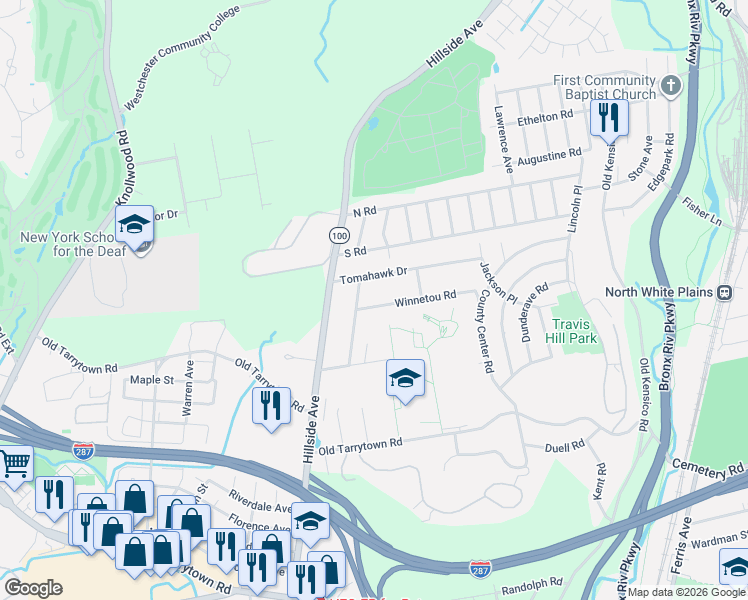 map of restaurants, bars, coffee shops, grocery stores, and more near 16 Leather Stocking Lane in White Plains