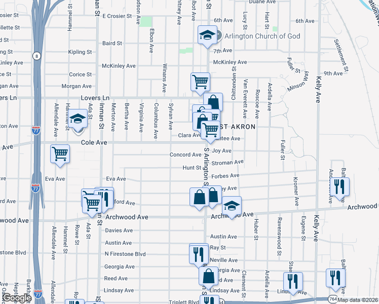 map of restaurants, bars, coffee shops, grocery stores, and more near 1006 Concord Avenue in Akron