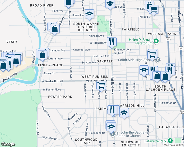 map of restaurants, bars, coffee shops, grocery stores, and more near 3727 Shady Court in Fort Wayne