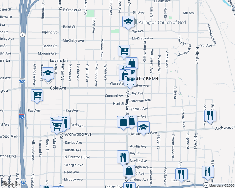 map of restaurants, bars, coffee shops, grocery stores, and more near 1006 Concord Avenue in Akron