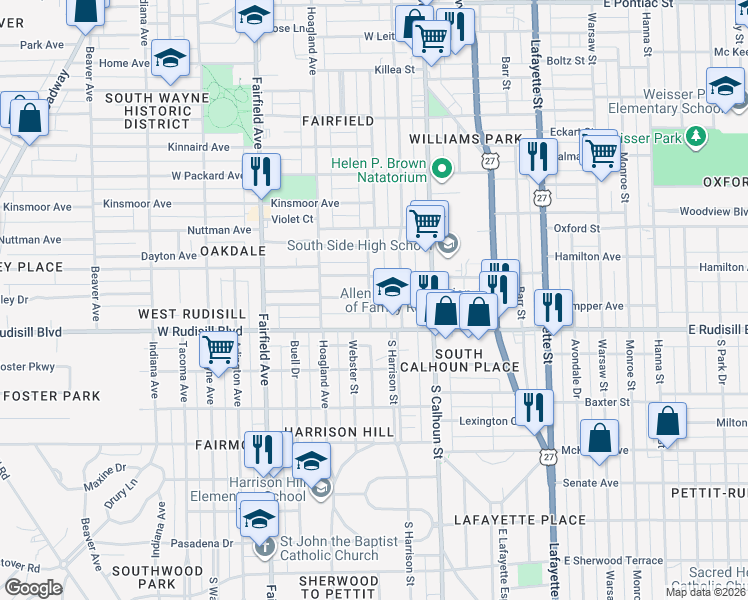 map of restaurants, bars, coffee shops, grocery stores, and more near 3815 Webster Street in Fort Wayne