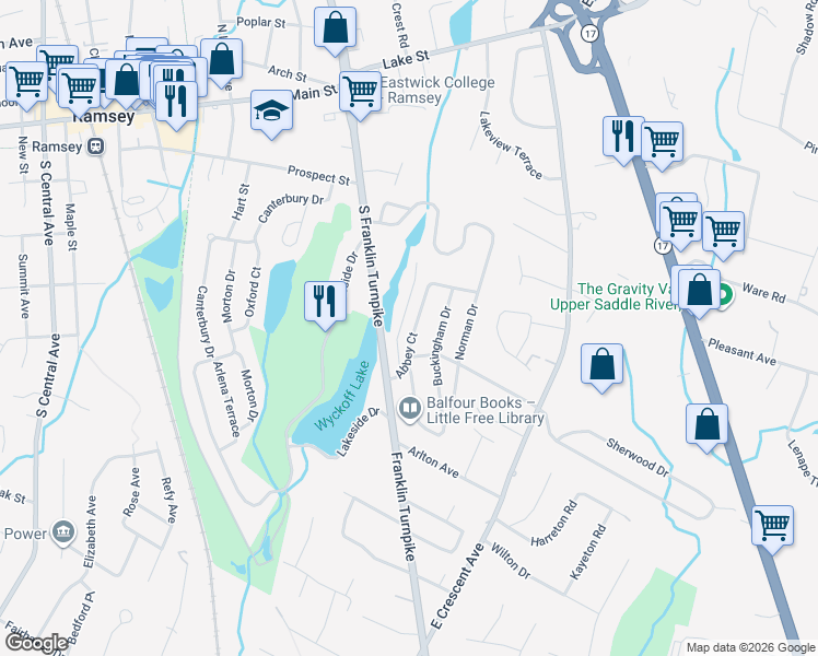 map of restaurants, bars, coffee shops, grocery stores, and more near 34 Ronald Court in Ramsey