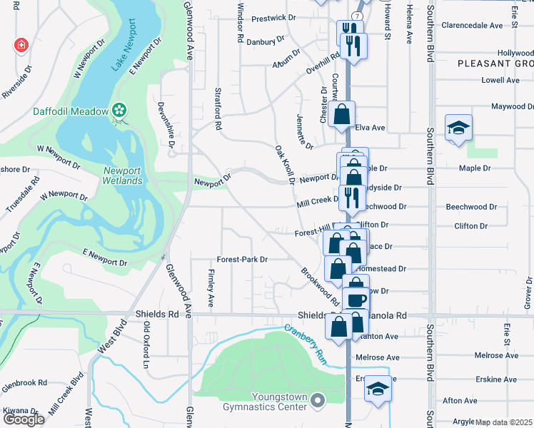 map of restaurants, bars, coffee shops, grocery stores, and more near 147 Mill Creek Drive in Youngstown