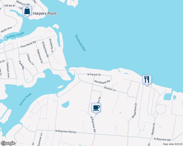map of restaurants, bars, coffee shops, grocery stores, and more near 695 North Parish Drive in Southold