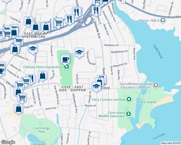 map of restaurants, bars, coffee shops, grocery stores, and more near 60 Palmer Avenue in Stamford