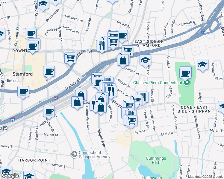 map of restaurants, bars, coffee shops, grocery stores, and more near 424 Elm Street in Stamford
