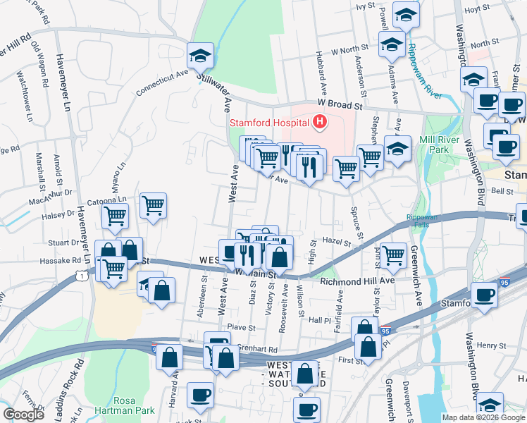 map of restaurants, bars, coffee shops, grocery stores, and more near 61 Virgil Street in Stamford