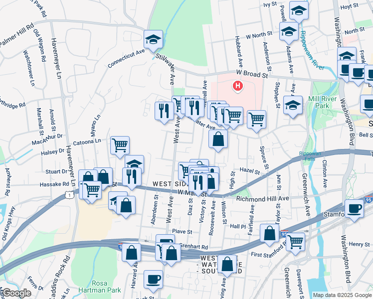map of restaurants, bars, coffee shops, grocery stores, and more near 14 Moore Street in Stamford
