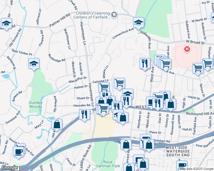 map of restaurants, bars, coffee shops, grocery stores, and more near 50 Myano Lane in Stamford