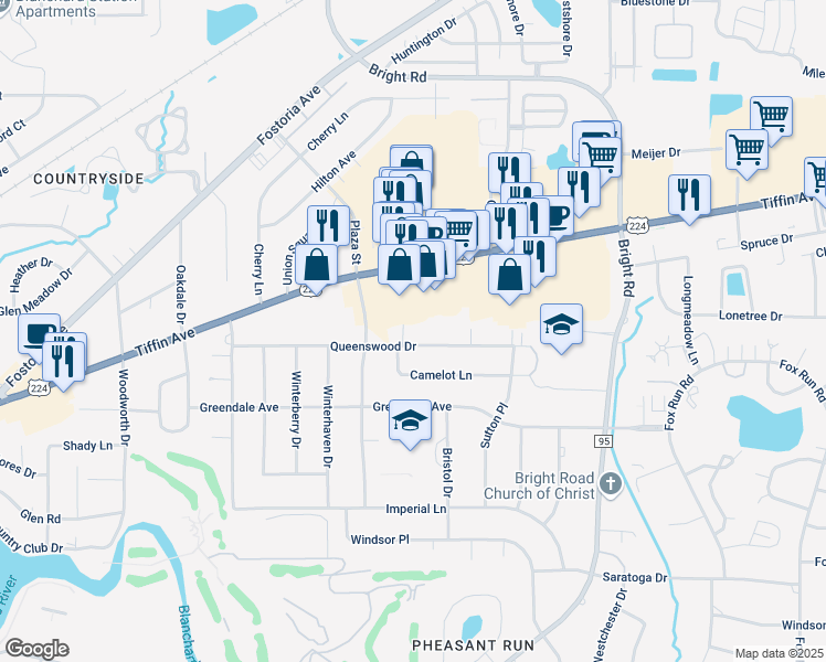 map of restaurants, bars, coffee shops, grocery stores, and more near 1801 Camelot Lane in Findlay