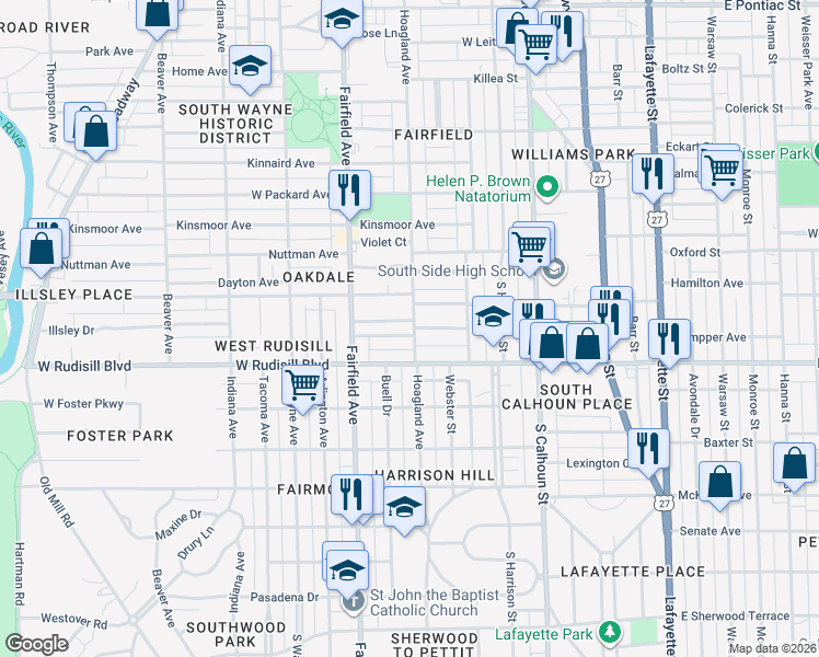 map of restaurants, bars, coffee shops, grocery stores, and more near 410 West Rudisill Boulevard in Fort Wayne