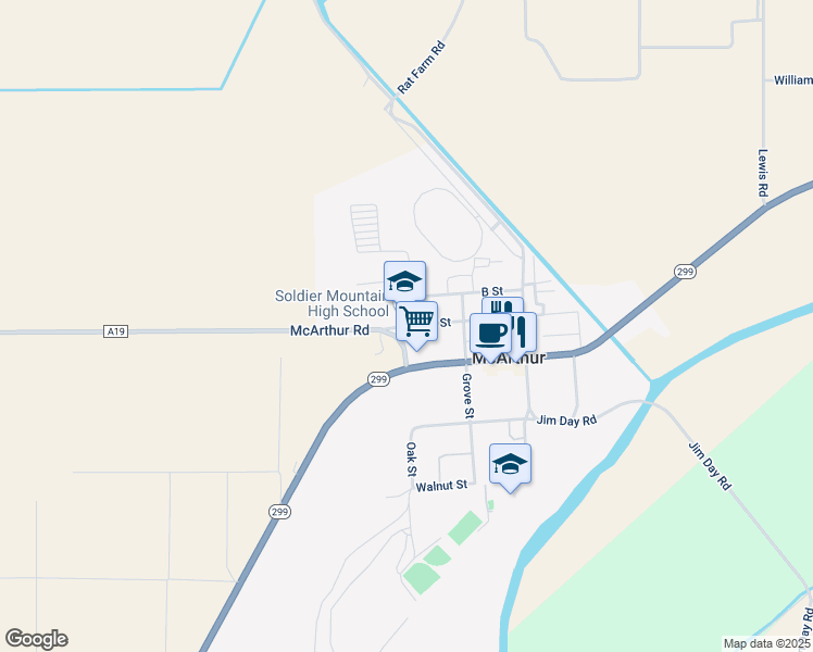map of restaurants, bars, coffee shops, grocery stores, and more near 44144 A Street in McArthur