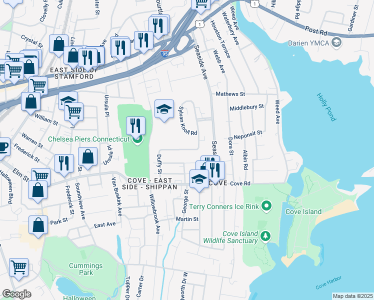 map of restaurants, bars, coffee shops, grocery stores, and more near 60 Palmer Avenue in Stamford