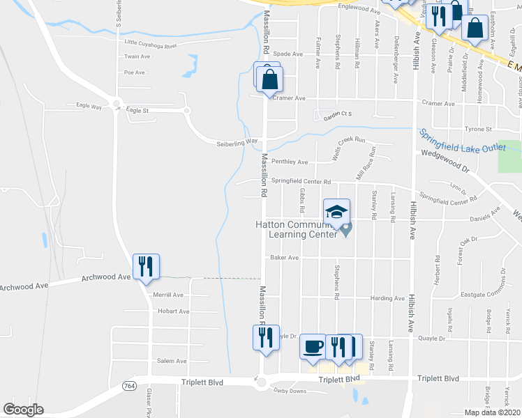 map of restaurants, bars, coffee shops, grocery stores, and more near 390 Massillon Road in Akron