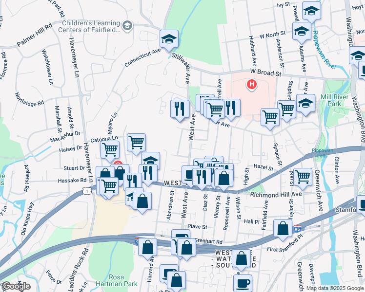 map of restaurants, bars, coffee shops, grocery stores, and more near 19 Depinedo Avenue in Stamford