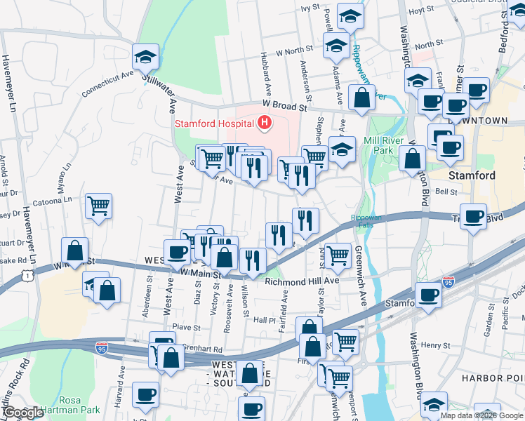 map of restaurants, bars, coffee shops, grocery stores, and more near 19 Fairgate Drive in Stamford