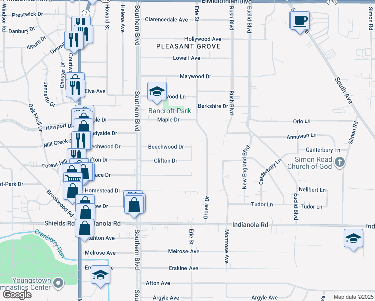 map of restaurants, bars, coffee shops, grocery stores, and more near 189 Beechwood Drive in Youngstown