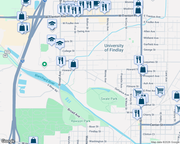 map of restaurants, bars, coffee shops, grocery stores, and more near 520 Barnett Street in Findlay