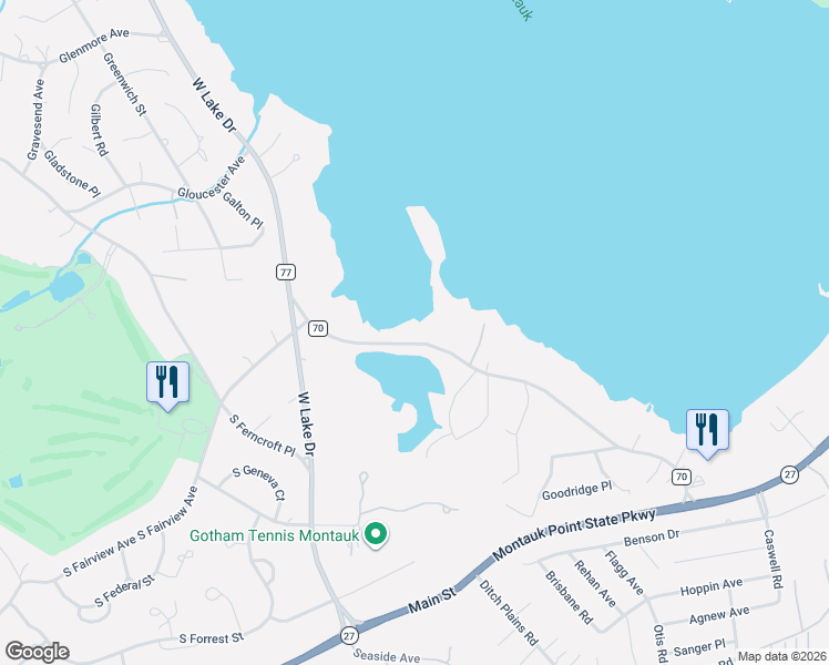 map of restaurants, bars, coffee shops, grocery stores, and more near 128 Old West Lake Drive in Montauk