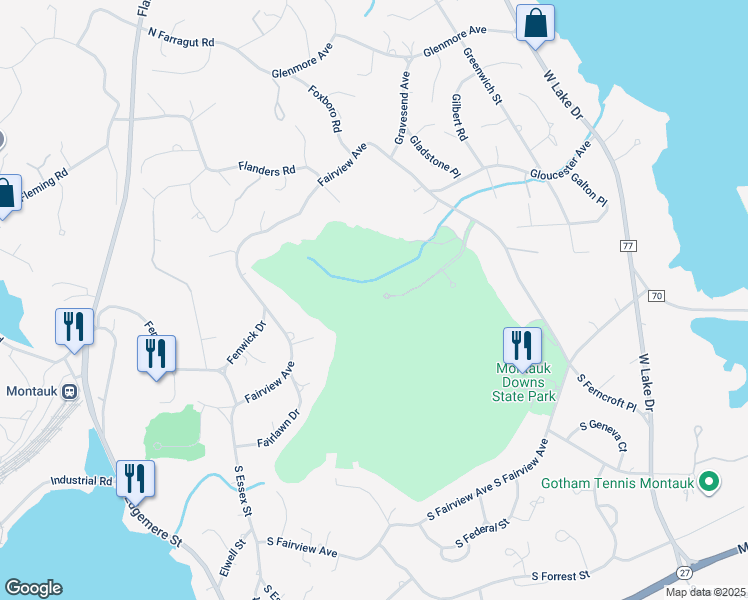 map of restaurants, bars, coffee shops, grocery stores, and more near 5 Fairway Place in Montauk