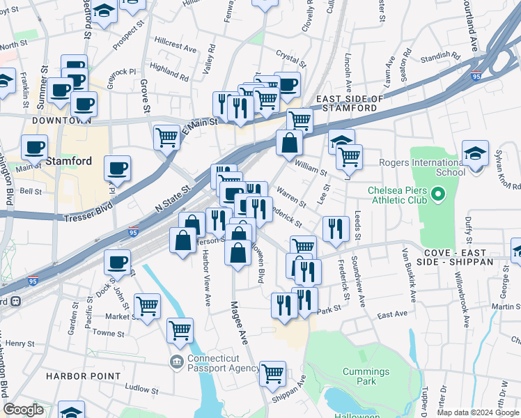 map of restaurants, bars, coffee shops, grocery stores, and more near 424 Elm Street in Stamford
