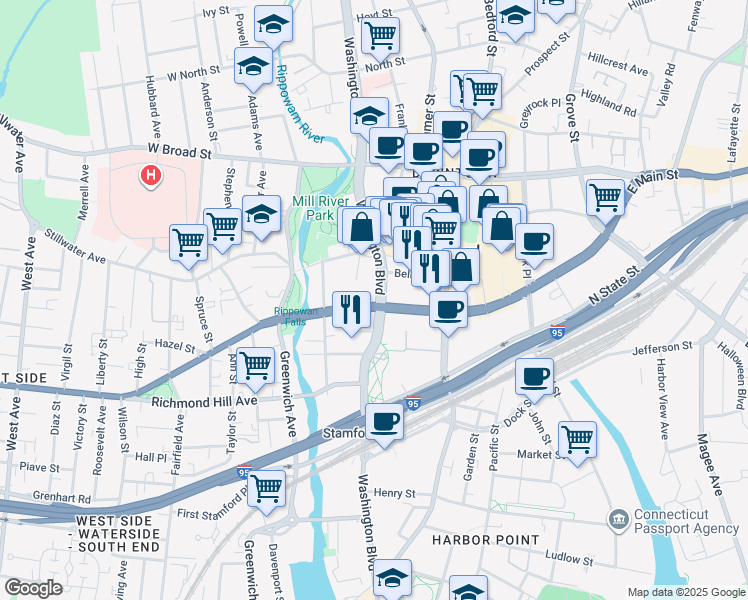 map of restaurants, bars, coffee shops, grocery stores, and more near 101 Tresser Boulevard in Stamford
