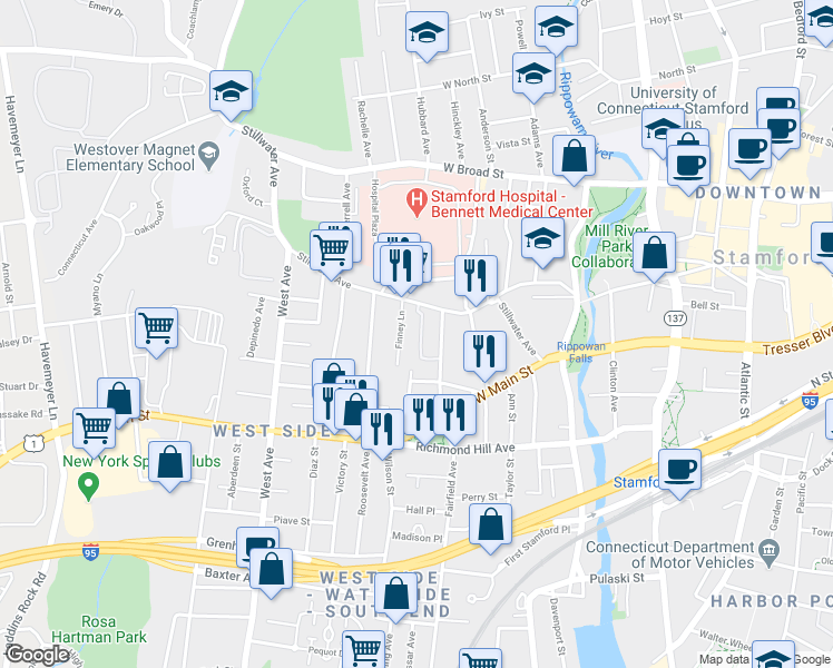 map of restaurants, bars, coffee shops, grocery stores, and more near 19 Fairgate Drive in Stamford
