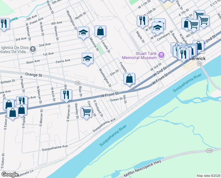 map of restaurants, bars, coffee shops, grocery stores, and more near 742-798 West Front Street in Berwick
