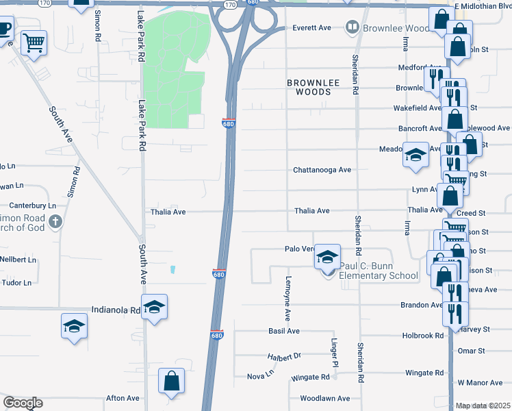 map of restaurants, bars, coffee shops, grocery stores, and more near 1525 Thalia Avenue in Youngstown