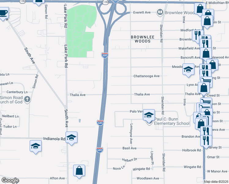 map of restaurants, bars, coffee shops, grocery stores, and more near 1525 Thalia Avenue in Youngstown