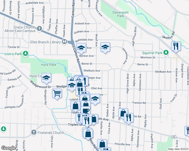 map of restaurants, bars, coffee shops, grocery stores, and more near 2601 Zesiger Avenue in Akron