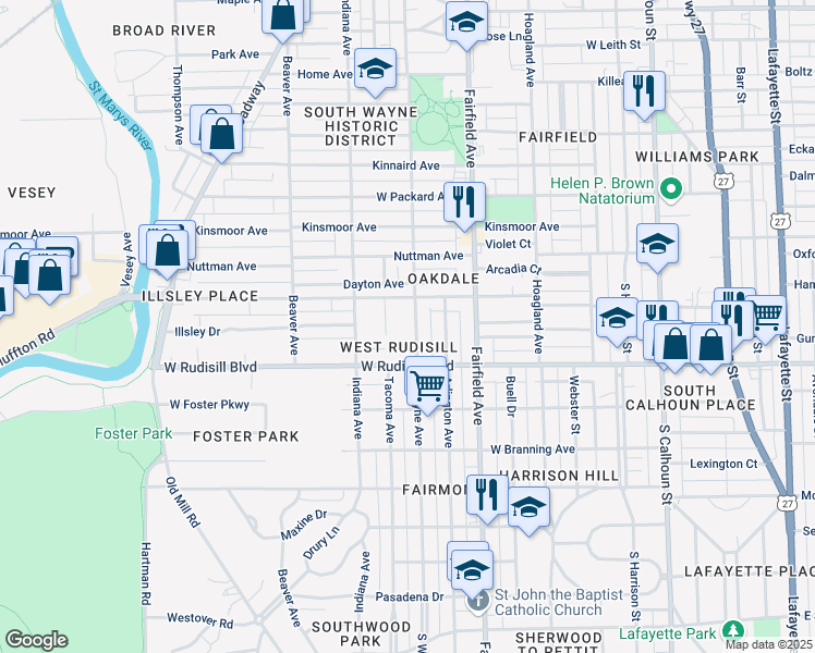 map of restaurants, bars, coffee shops, grocery stores, and more near 3728 South Wayne Avenue in Fort Wayne