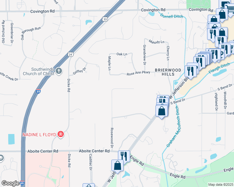 map of restaurants, bars, coffee shops, grocery stores, and more near 3529 Rosewood Drive in Fort Wayne