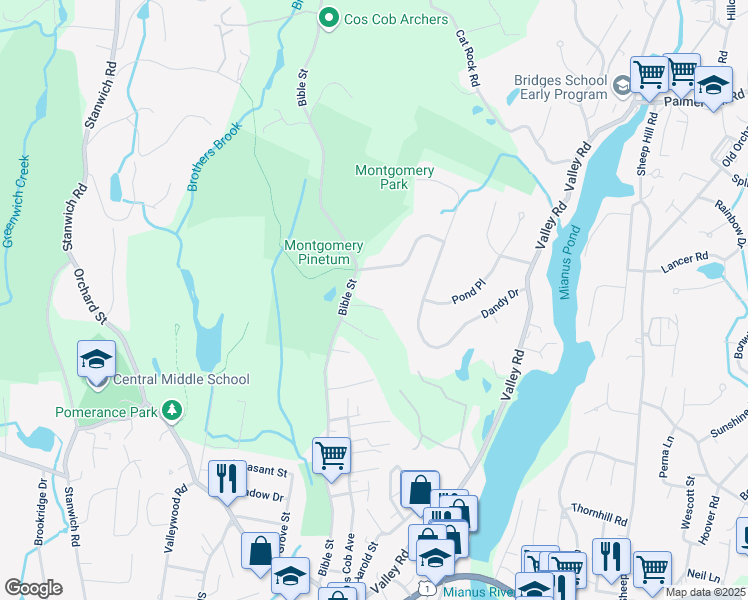 map of restaurants, bars, coffee shops, grocery stores, and more near 1 Arrowhead Lane in Greenwich